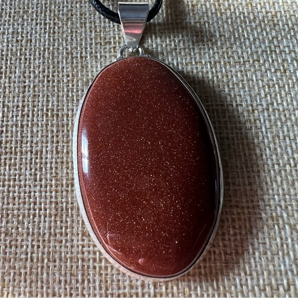 New Sandstone Goldstone Oval Silver Overlay Pendant Necklace w Cord - Picture 5 of 9